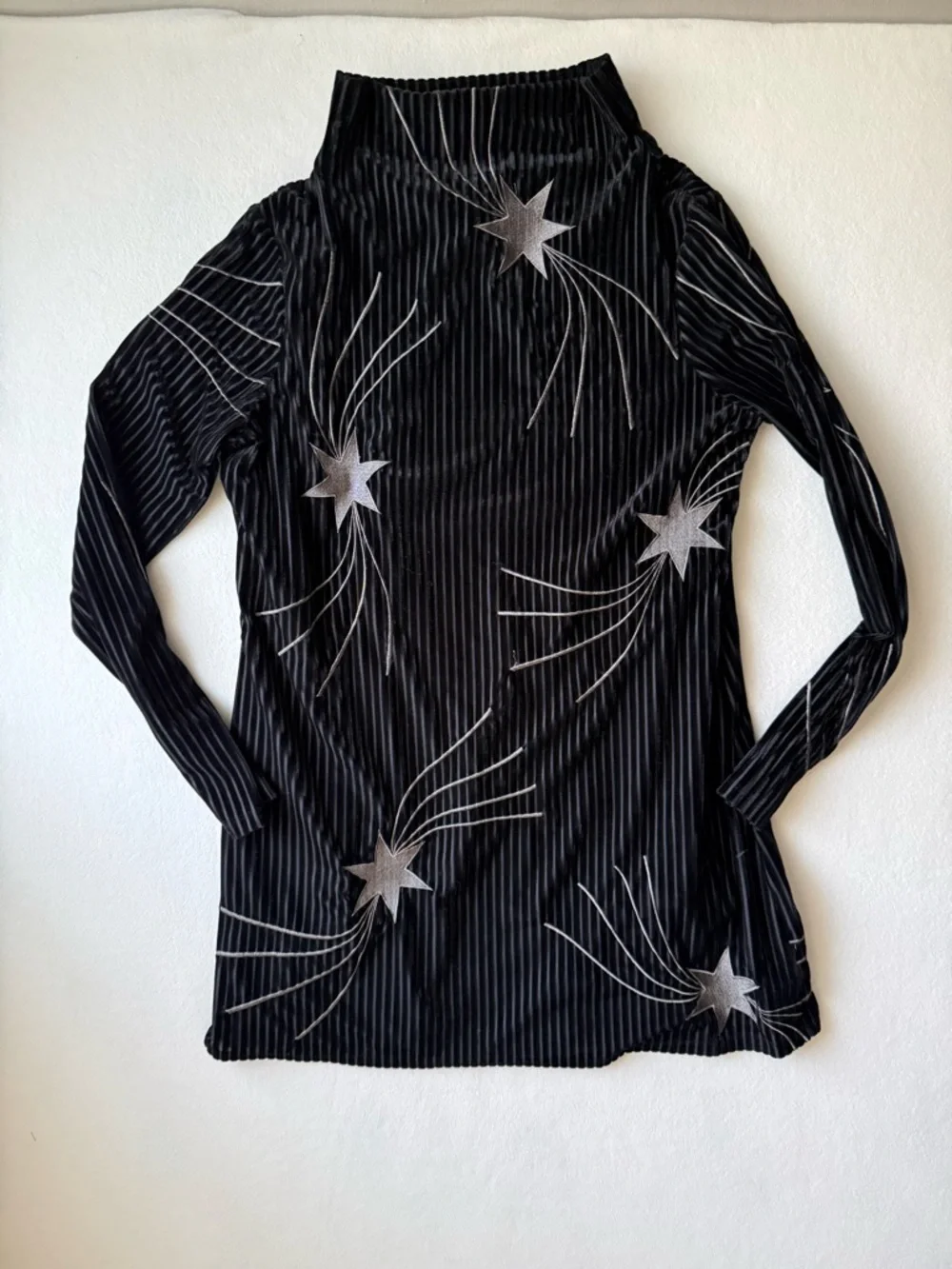 Judith March Black Velvet Long-Sleeve Top with Silver Starburst Embroidery
